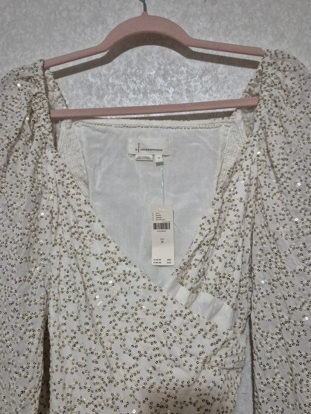 NWT Anthropologie Cream Wrap Blouse with Gold Sequin Detail..Size:M